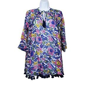 Roller Rabbit Colorful Chachas Floral Print Serafina V-Neck Tunic Top Size S NWT